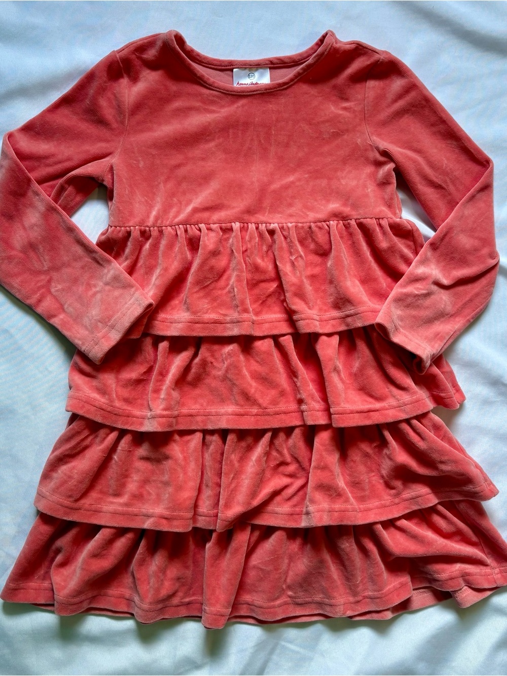 Hanna Andersson Pink Velvet Tiered Long-Sleeve Dress | Size 120 (6-7)
